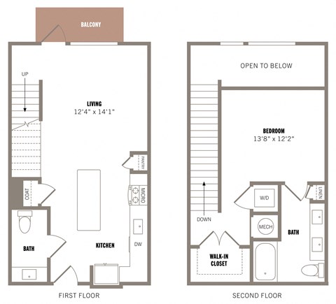 Floor plan for 1 bed, 1.5 baths, 947 sqft